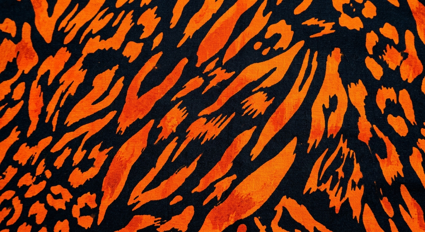 Large bold animal print in orange on high contrast dark background filling the frame.