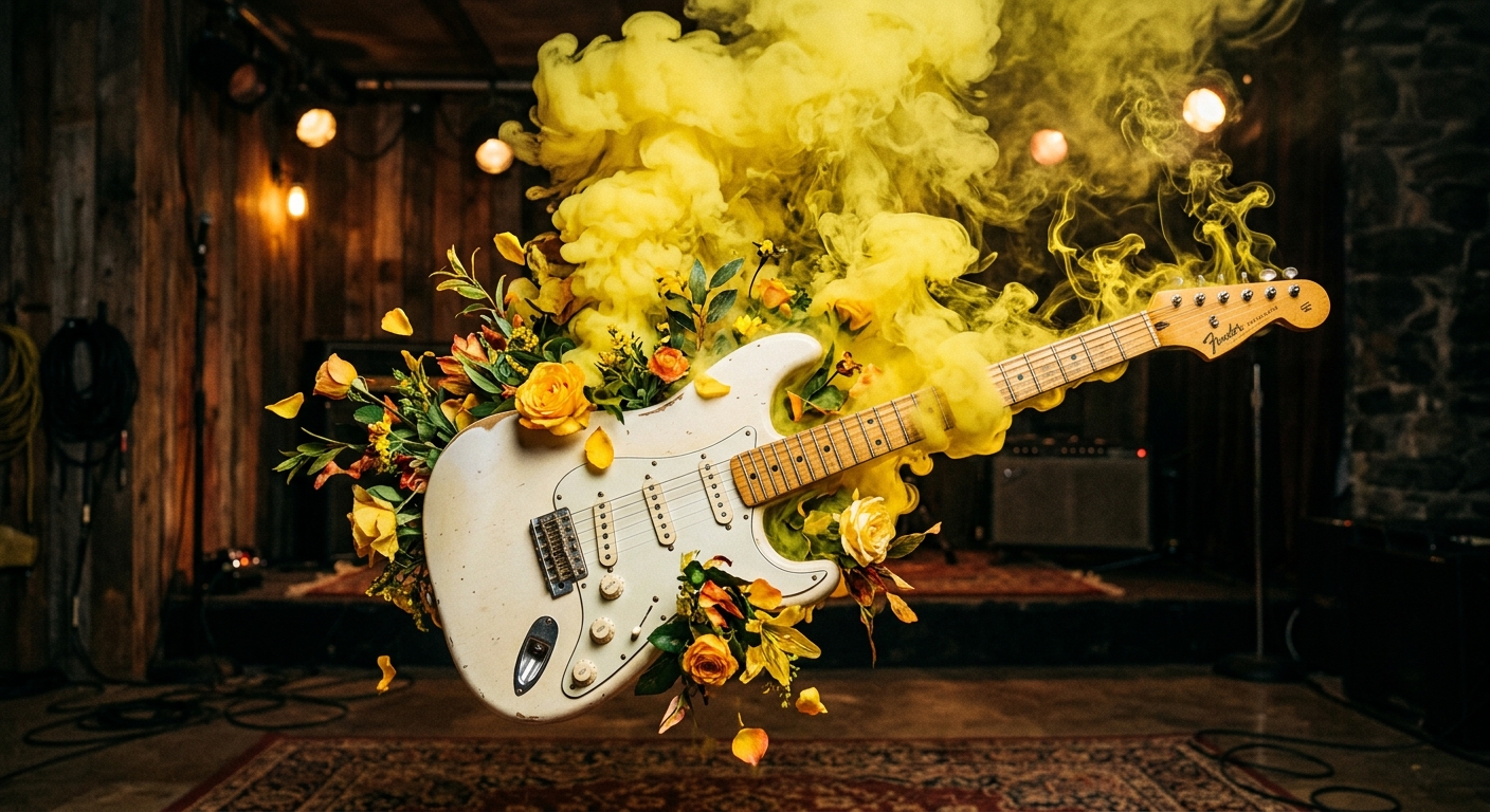 White fender stratocaster blooming and bellowing out yellow smoke