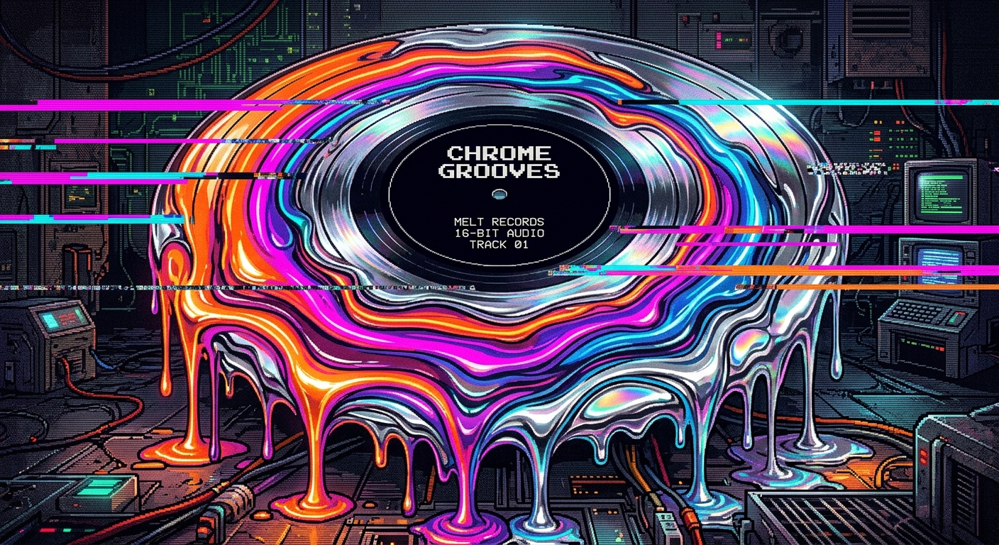 An abstract, melting vinyl record made of liquid chrome and glowing multi-coloured paint. The record's center is a perfect black circle, but the outer rings warp and drip down the canvas in layers of hot orange, magenta, and holographic silver. Thick horizontal digital glitch lines and CRT scanline textures cross-section the melting metal. 16-bit Sega Genesis style, high-saturation, raw industrial texture.