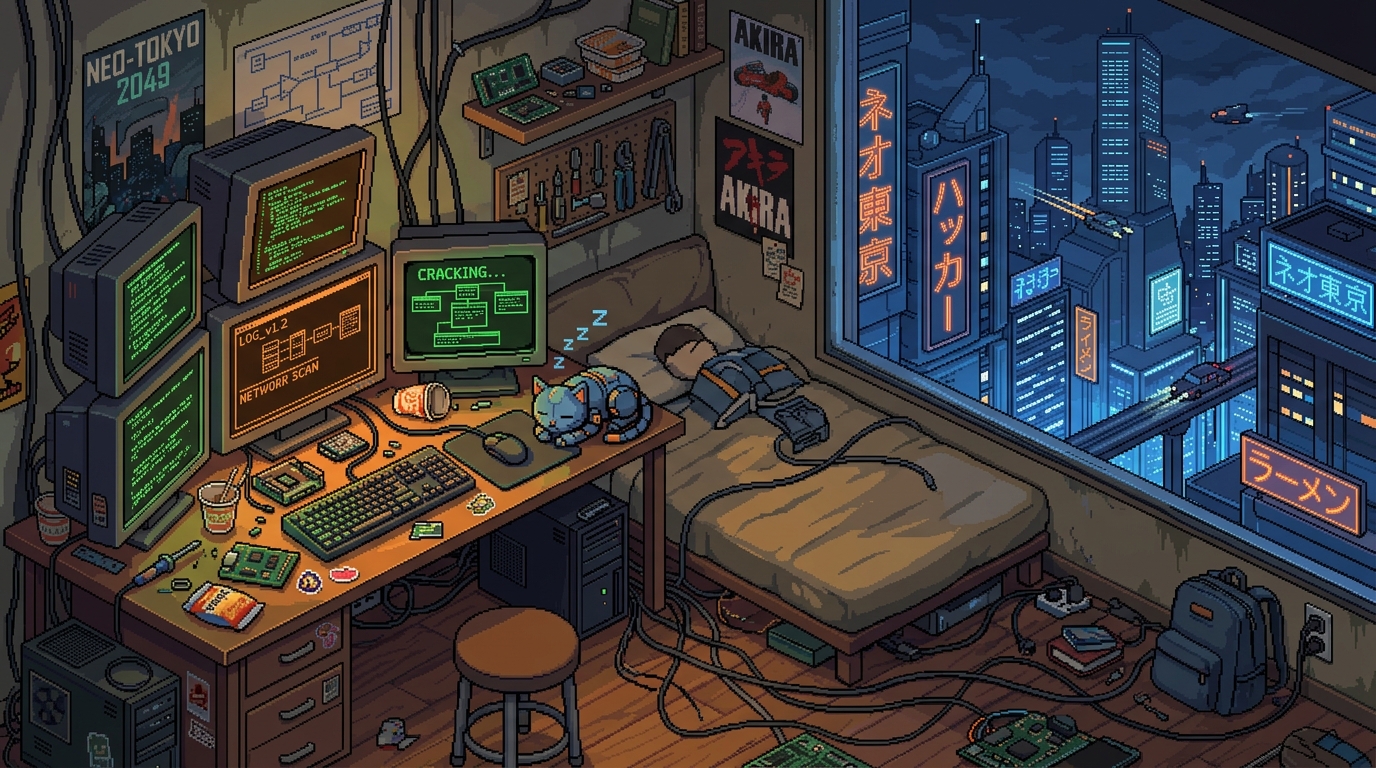 A hacker's bedroom setup inside a cramped neo-Tokyo apartment. Multiple glowing computer monitors showing green code, messy wires on the floor, a robot cat sleeping on the desk, a large window looking out onto a towering futuristic cityscape. 16-bit SNES style, isometric view, warm interior light contrasting with cold blue exterior light, dithered shading.
