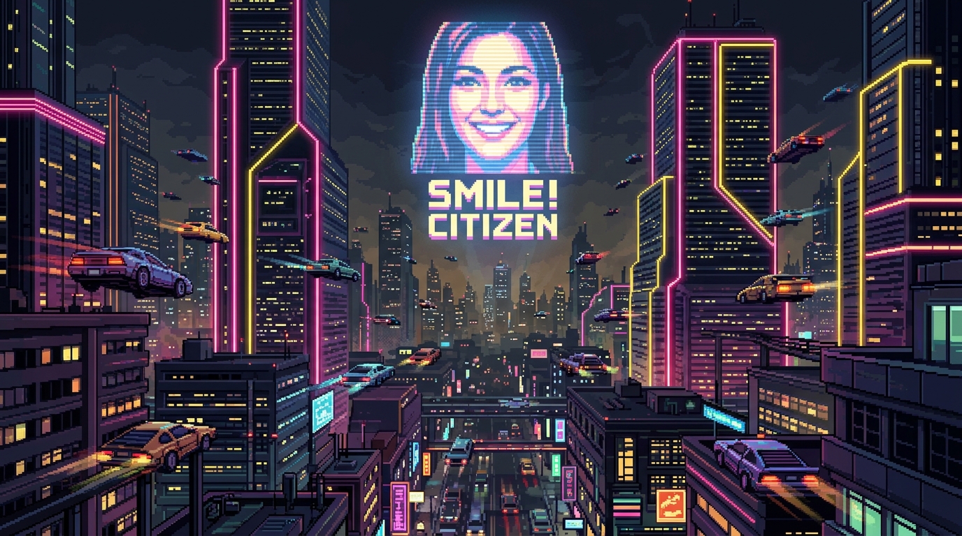 Flying retro-futuristic cars weaving between massive, towering skyscrapers. Giant holographic advertisements of a smiling face projecting into the smoggy night sky, bright pink and yellow neon trims on the buildings. 64-bit arcade style, wide shot, parallax depth, vibrant limited color palette.
