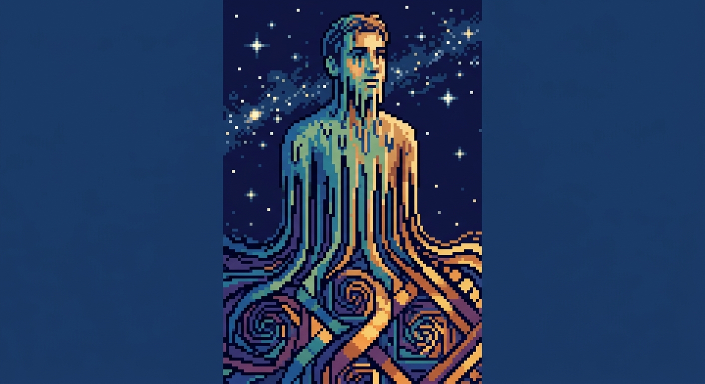 Pixel art of a man melting and dripping in to infinity