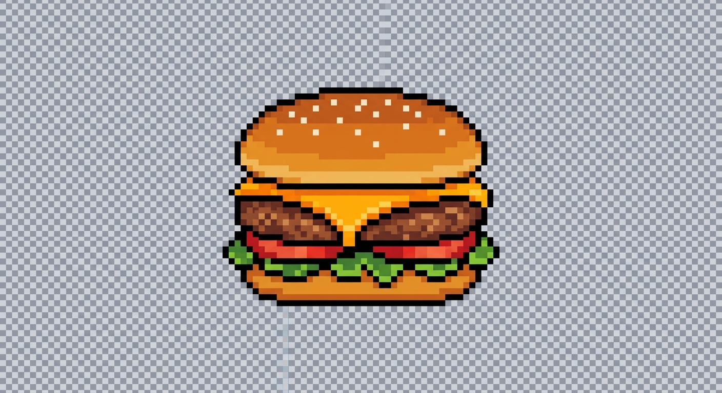 A pixel art burger with transparent background