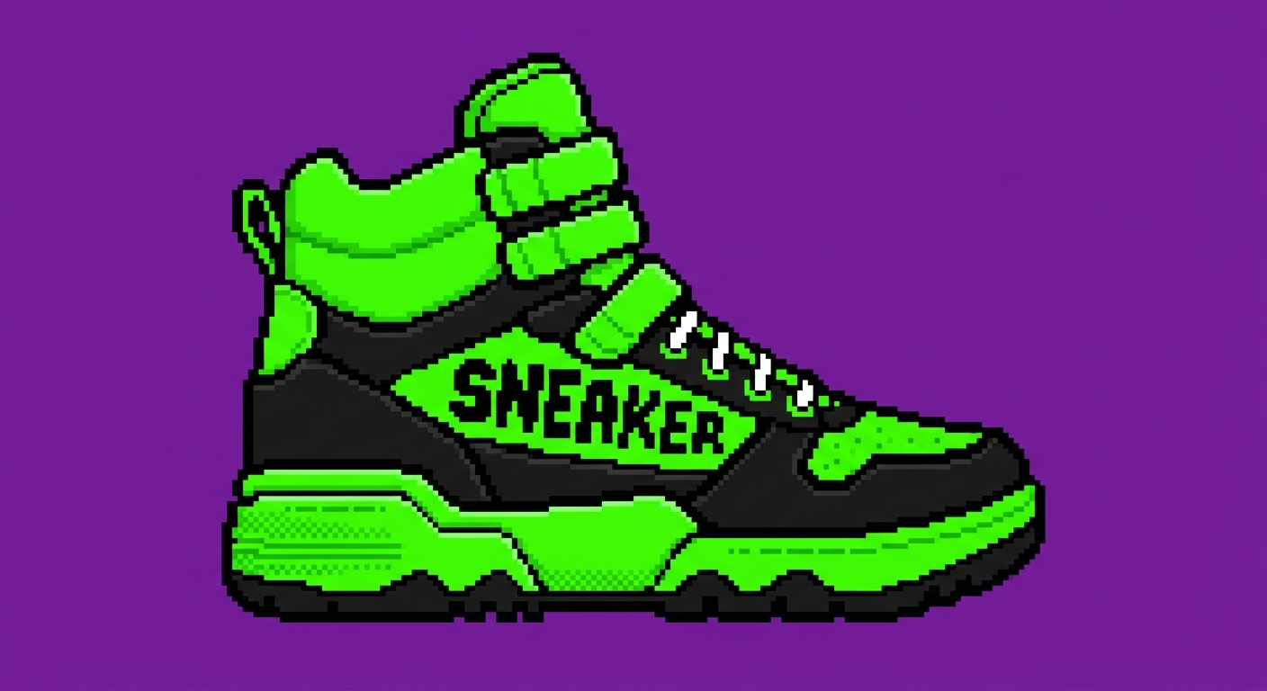 An 8-bit retro video game sprite of a chunky 90s high-top sneaker. Bold black outlines, solid neon green and black color blocking, flat solid background. Clean pixel art layout.