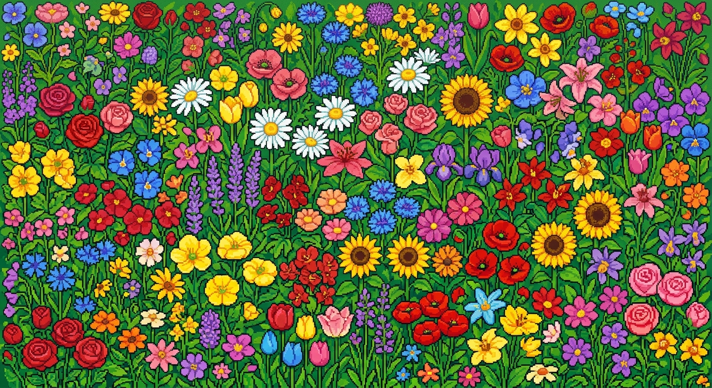 pixel art flowers fill the frame