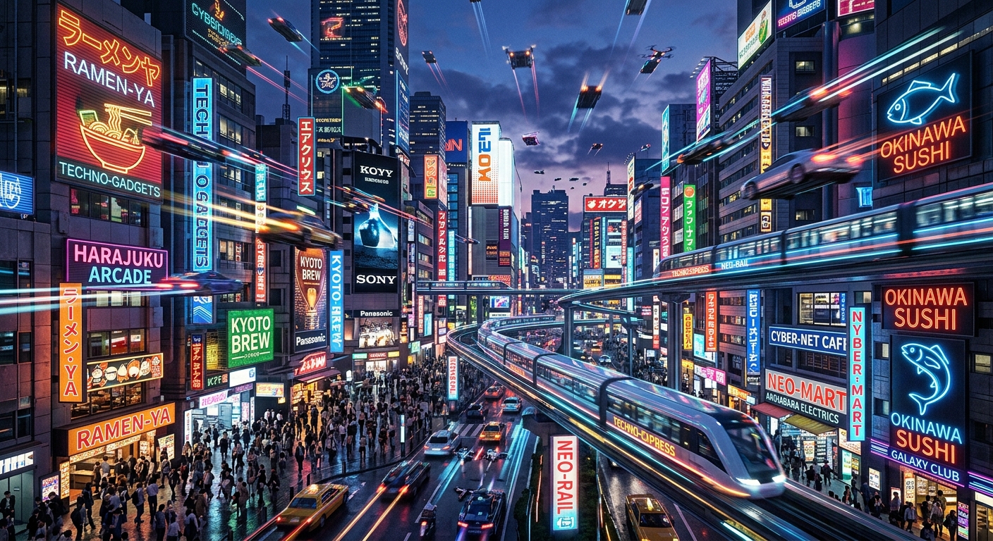 Neon metropolis with shop signs and brand logos, flying cars and trains at evening time. Bustling.