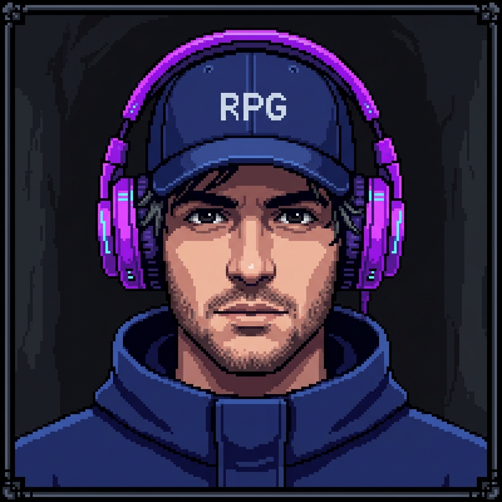 A 16-bit RPG dialogue portrait of a man looking forward, wearing a dark blue baseball cap and large neon purple over-ear headphones. Dark background, crisp lighting casting a subtle shadow over his face, sharp pixel clusters, highly detailed face shape. Retro video game character portrait aesthetic, clean limited color palette.