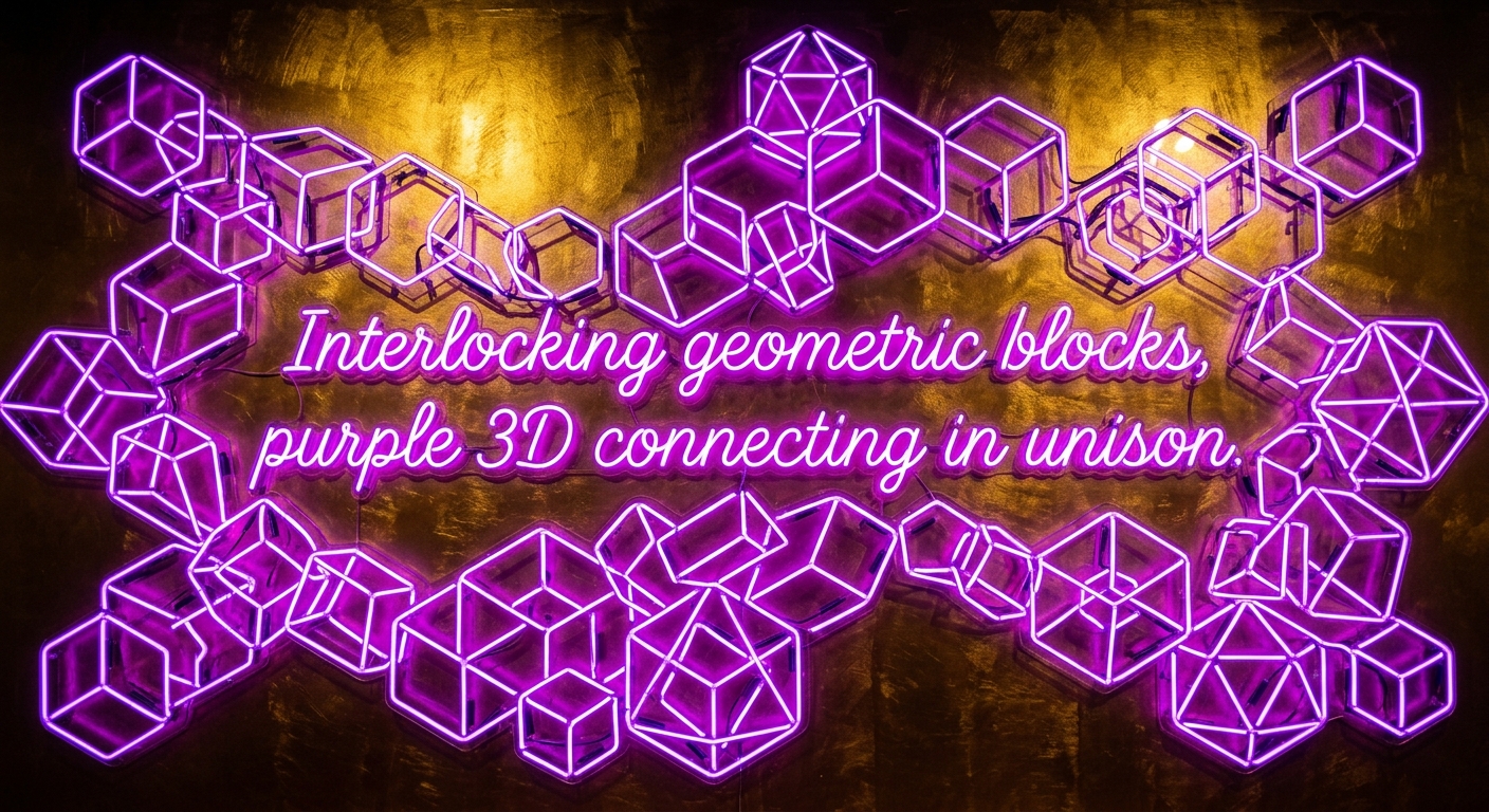 Neon lit “Interlocking geometric blocks, purple 3D connecting in unison.” with gold background.