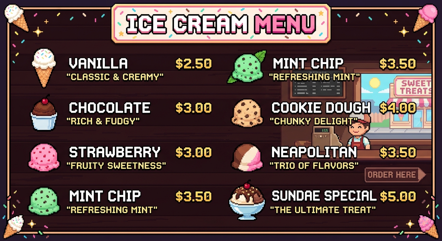 Ice cream menu pixel art