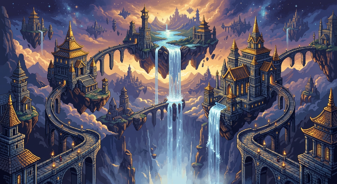 64-bit pixel art of impossible floating temples and bridges. Stone structures defying gravity, waterfalls flowing upward, deep indigo and gold palette. Intricate dithering, dreamlike lighting, ambient fantasy, cinematic scale