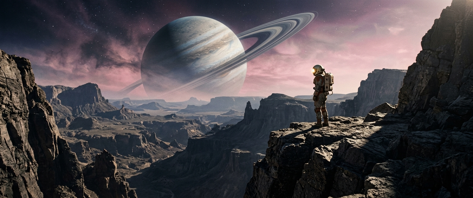 Wide establishing shot of a lone astronaut standing on the edge of a colossal alien cliffside. A massive ringed planet looms large in the hazy pink and violet sky. Epic scale, harsh side-lighting creating long dramatic shadows, muted color palette, Ridley Scott visual style, IMAX quality, crisp details, 2.39:1 aspect ratio.