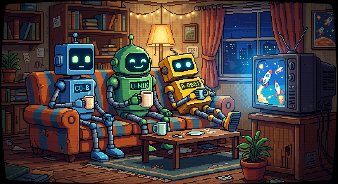 robots drinking coffee sat watching tv pixel art