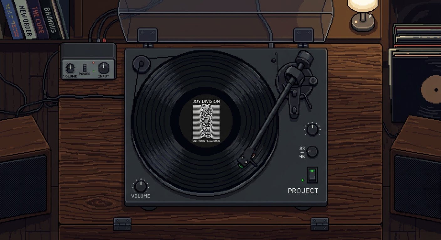 Record deck from above with a Joy Division record on Pixel art