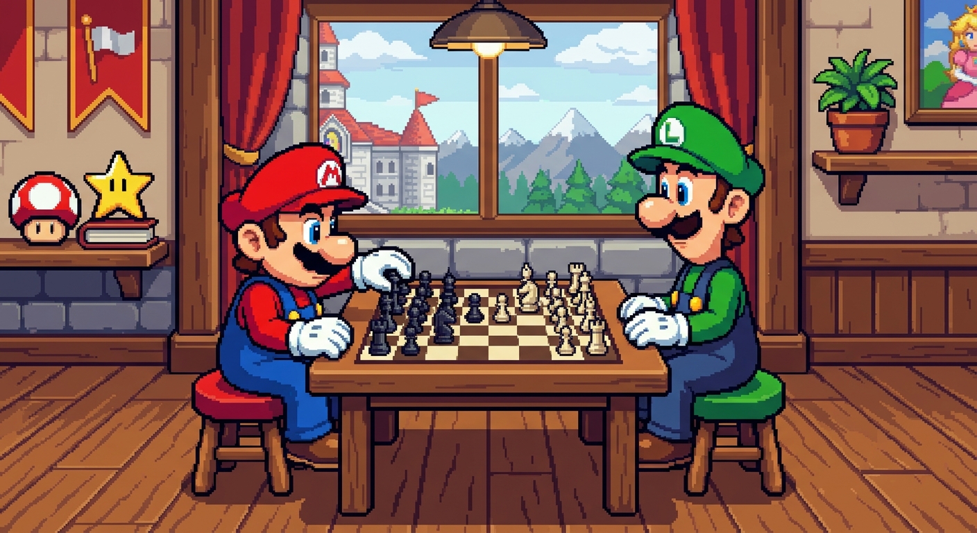 Mario and Luigi playing chess pixel art