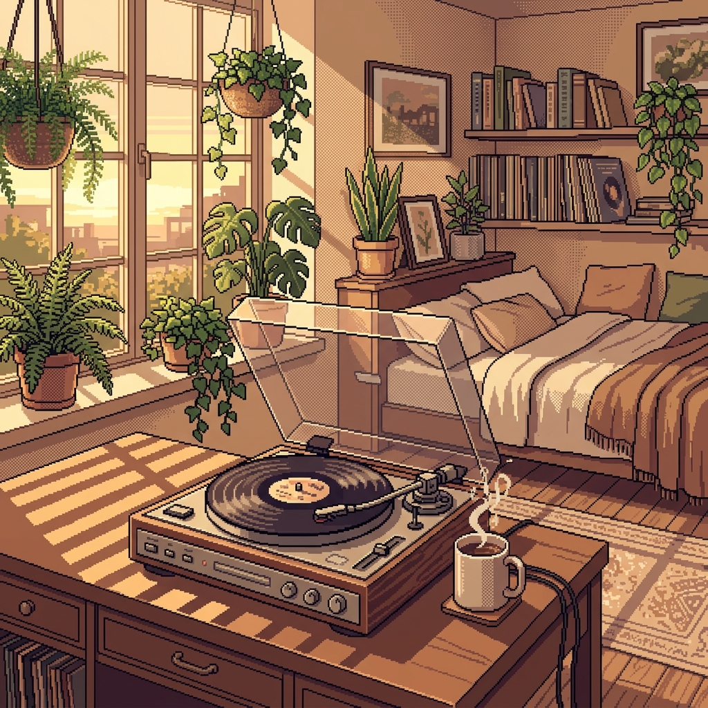 A square album cover illustration of a peaceful, plant-filled bedroom at golden hour. Warm sunlight beams through a window, casting long slatted shadows across a vintage record player spinning a vinyl disc on a wooden desk. A steaming mug sits next to it. 16-bit SNES style, muted pastel earth tones, cozy dithered shading, relaxed nostalgic atmosphere.