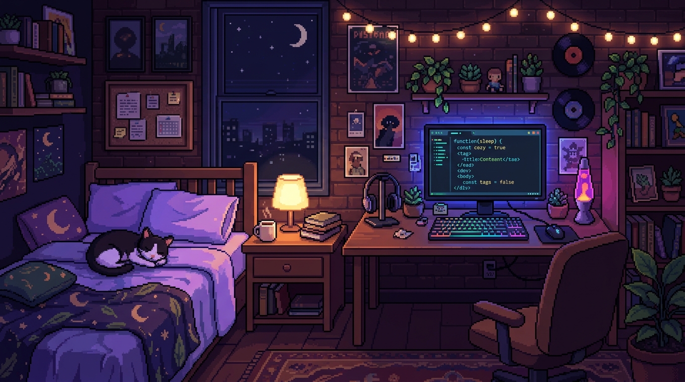 Cozy Lofi Bedroom: 16-bit pixel art, a cozy bedroom at night, a sleeping cat on the bed, a desktop computer screen glowing with a coding editor, soft purple and blue ambient lighting, lofi aesthetic, highly detailed --ar 16:9