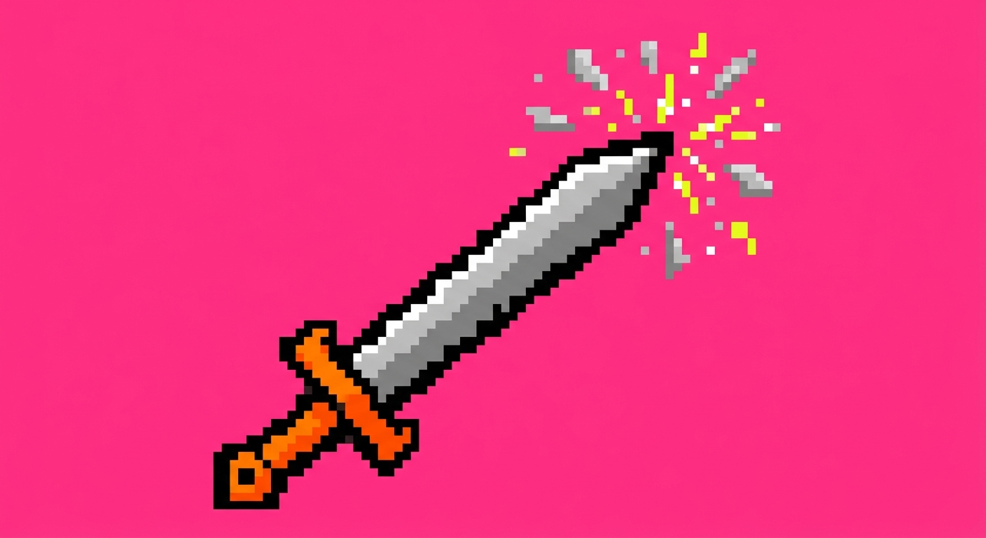 A minimalist 8-bit retro video game graphic of a sharp, jagged sword blade pointing diagonally upward. The blade is solid metallic silver-gray with a bold black outline, and the hilt is solid neon orange. Small square silver pixel shards and geometric energy sparks explode outward from the sharp tip of the blade. Flat solid hot pink background, clean graphic layout, bold contrast.