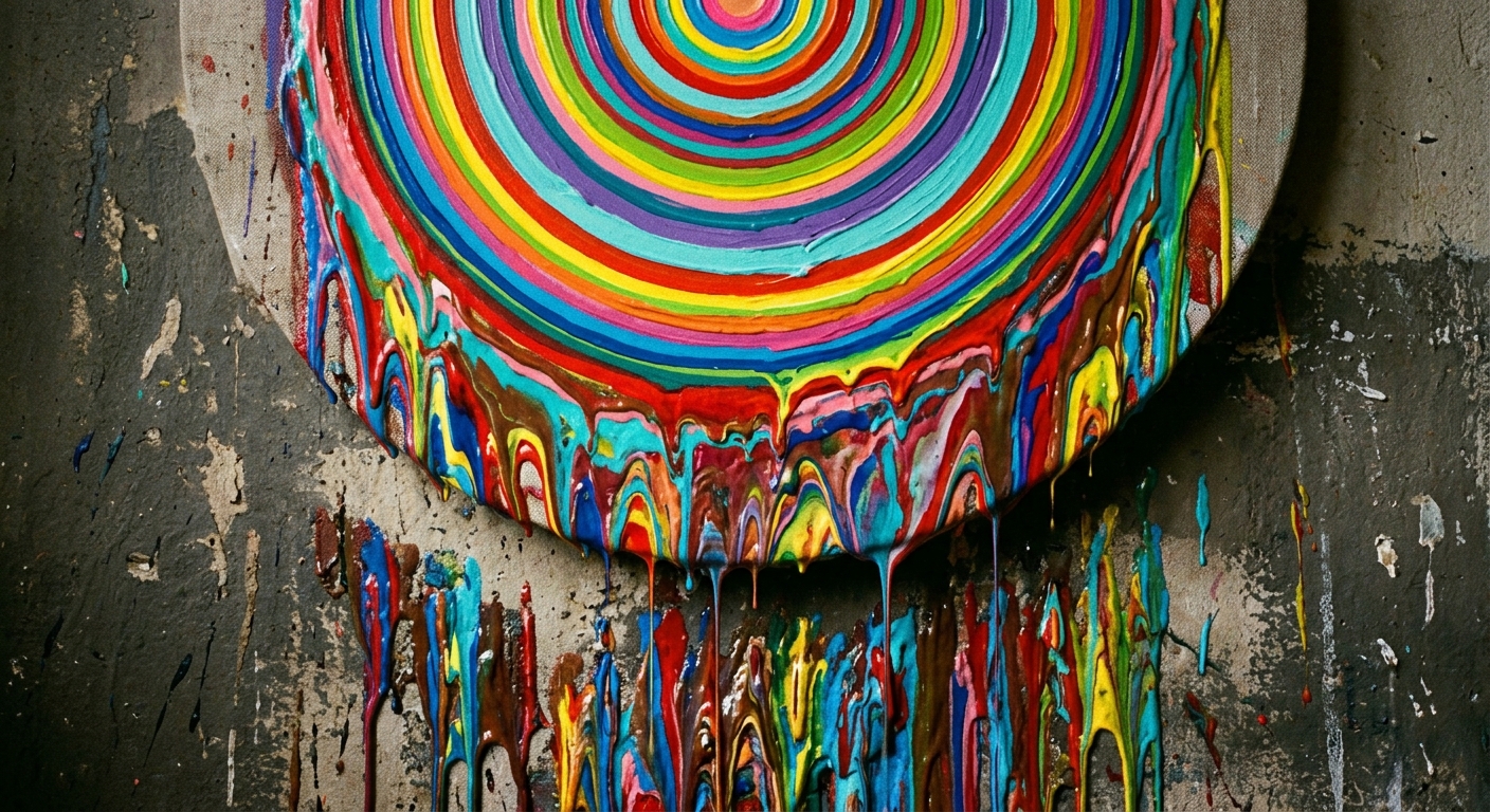 Concentric circles with dripping multi-coloured painting melting.