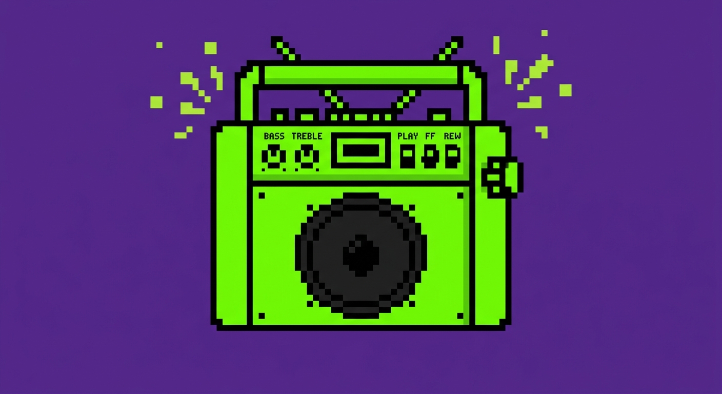 A minimalist 8-bit retro video game graphic of a boxy 1990s hip-hop boombox stereo item. The stereo body is solid vibrant neon green with a bold black outline and a black speaker grill circle. Small square lime green pixel shards and geometric soundwave sparks burst outward from the top handle corners. Flat solid deep purple background, high contrast, clean shapes.