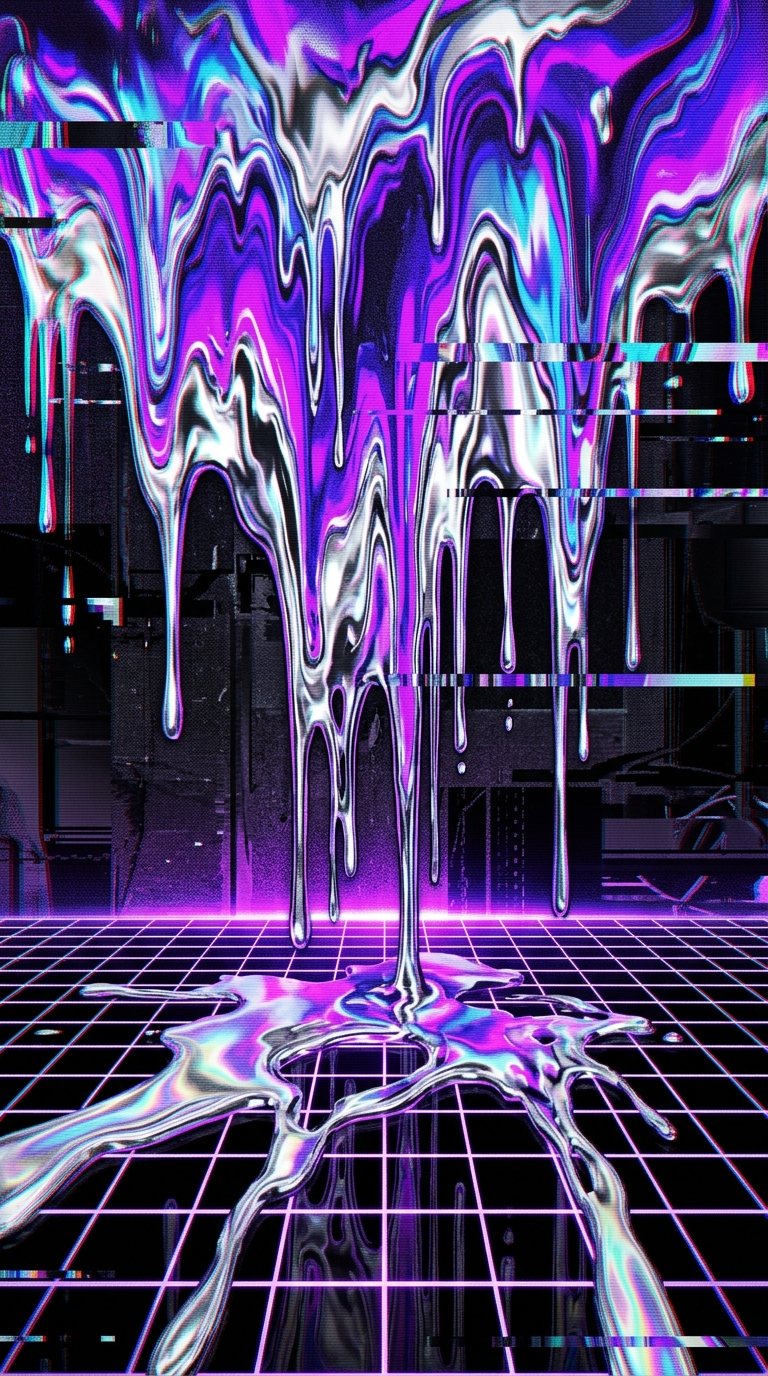 A vertical abstract landscape where the sky is melting down like a wall of liquid chrome and neon violet paint. The drips bleed onto a stark, black grid floor, leaving puddles of glowing holographic silver. Sharp horizontal digital glitch artifacts, chromatic aberration, and heavy scanline overlays break up the fluid textures. 32-bit arcade style, high contrast, industrial synthwave aesthetic.
