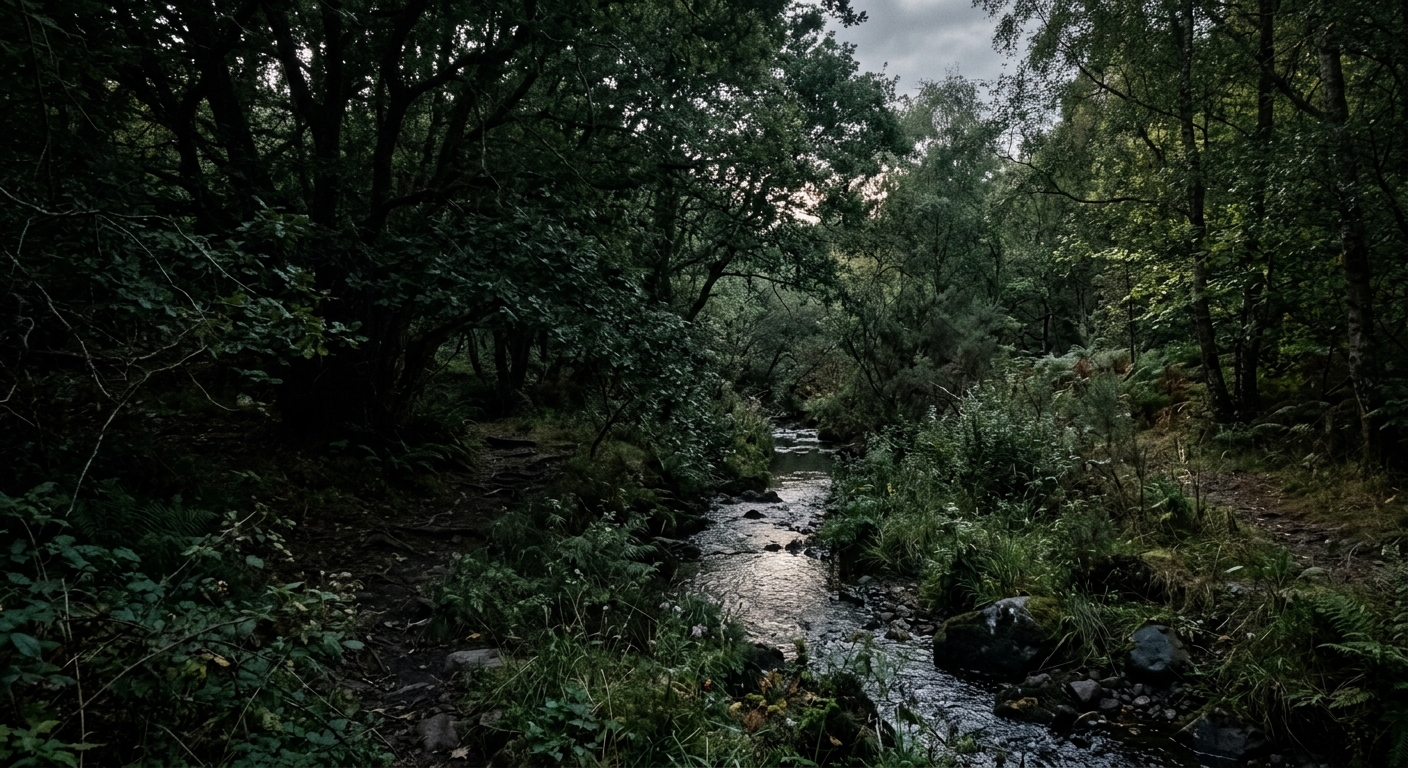 Bushy trees in shadowy light on the left and a small stream shimmers in the centre of the image just visible.
