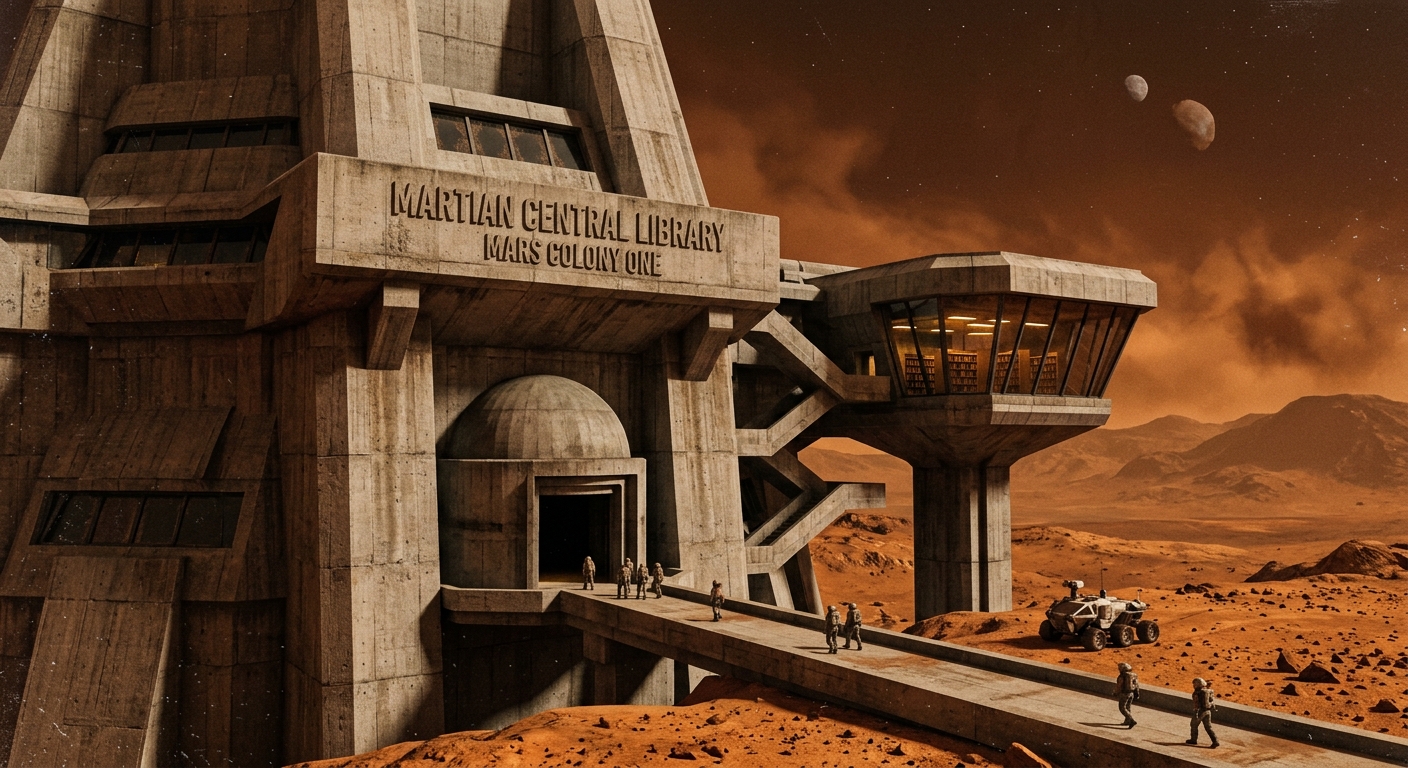 Brutalist concrete library on Mars, surreal, 35mm film
