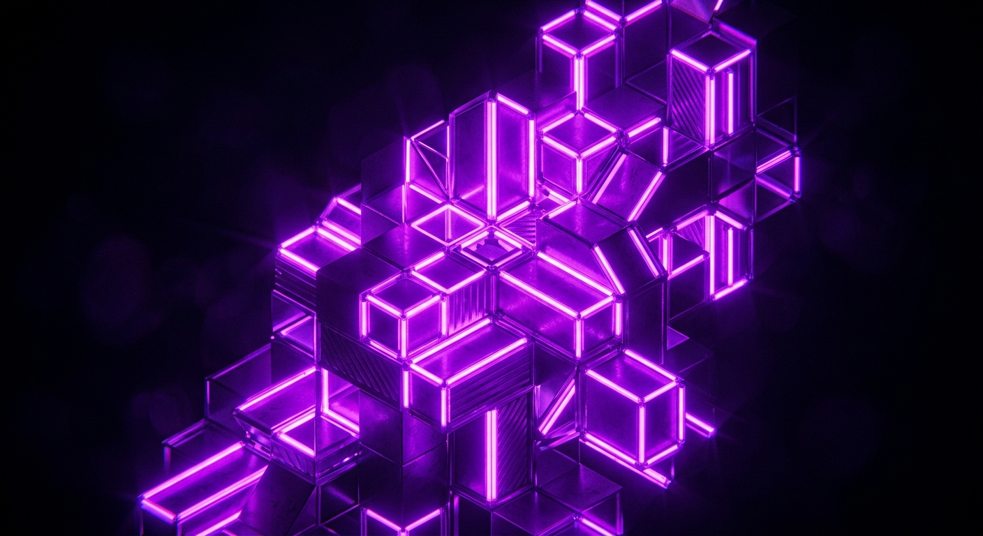 Neon lit “Interlocking geometric blocks, purple 3D connecting in unison.” on dark high contrast background.