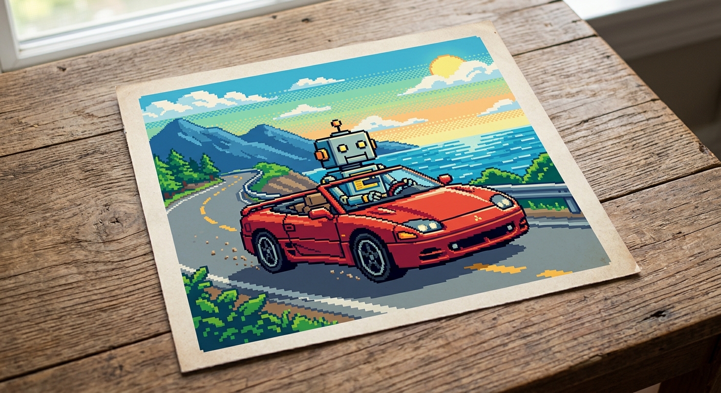 Print out of a pixel art image of a robot driving a convertible sports car