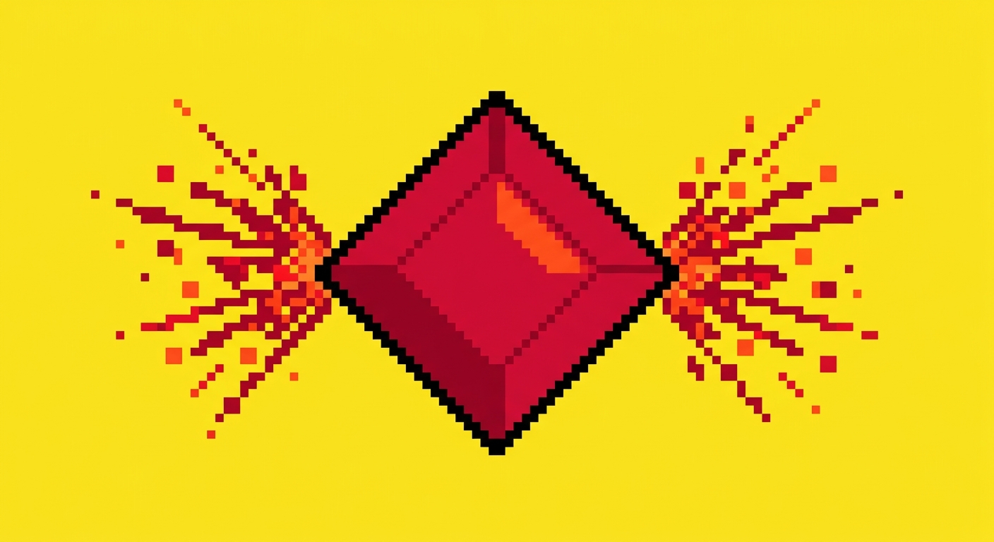A minimalist 8-bit retro video game graphic of a sharp, diamond-shaped magical red ruby crystal. The gem has a bold black outline and a solid crimson color block. Small square red pixel shards and geometric light fragments explode outward from its sharp side corners. Flat solid bright yellow background, high contrast, clean shapes.