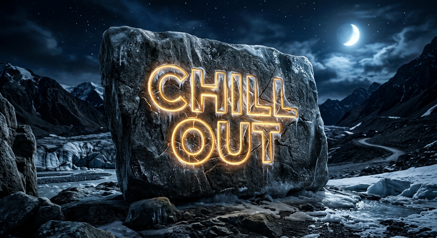 Big Single stone flag with the word 'chill out' engraved on glacier like ice style moonlight lit hard rock with internal warm glow and neon lit with dark high contrast background
