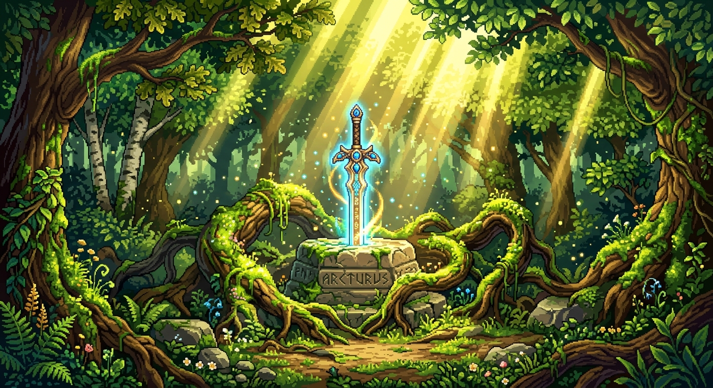 A legendary magical sword struck deep into an ancient stone pedestal inside a sun-drenched forest clearing. Massive twisted tree roots wrapped in glowing green moss surround the altar, with shafts of volumetric golden sunlight beaming down through the canopy. Tiny floating pixel dust motes illuminate the air. 32-bit RPG style, vibrant nature color palette, detailed foliage clusters.