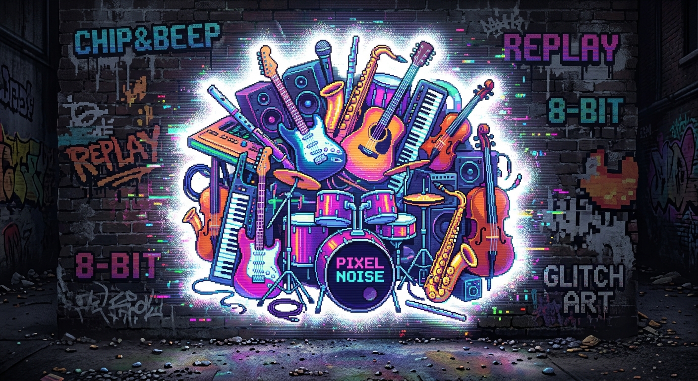 Pixel art style graffiti image of instruments all piled up in a round heap with a white glow with neon colours that shimmer with a fuzz style light that looks glitchy.