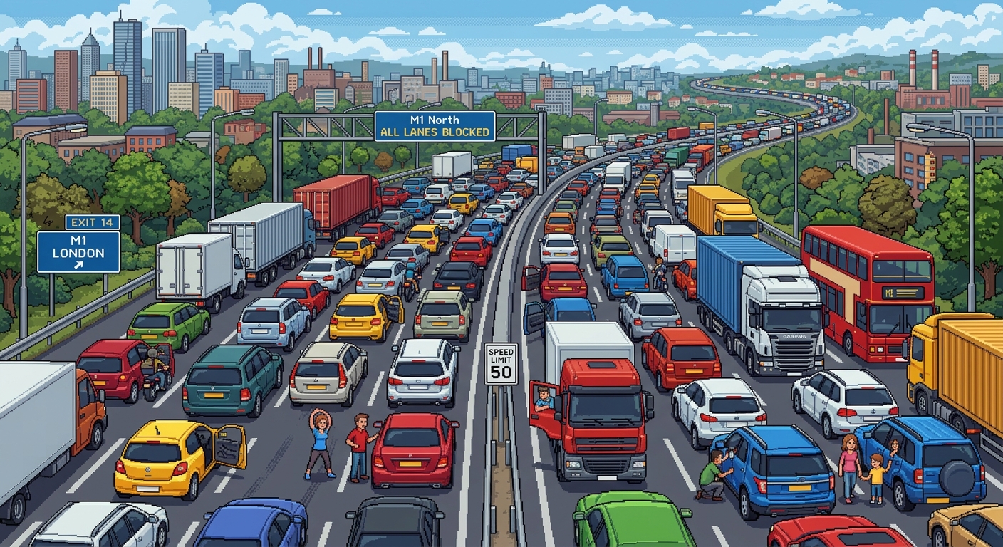 A pixel art image of a traffic jam with loads of different types of vehicles parked bumper to bumper on a main motorway route. Some of the drivers with their car doors open and walking around the road.