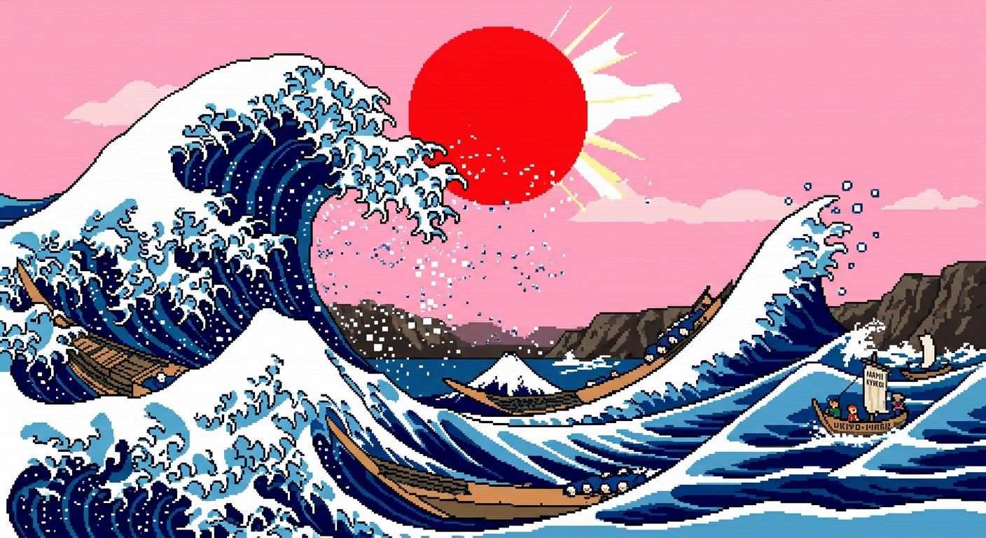 A dramatic, stylized ocean wave cresting and crashing, inspired by traditional ukiyo-e art but reimagined as a retro game background. The water is composed of layered shades of deep indigo and white foam outlines, exploding into sharp geometric square pixel droplets. Flat pastel pink sky with a giant solid red sun disk. 8-bit arcade style, high contrast, clean vector-style lines.