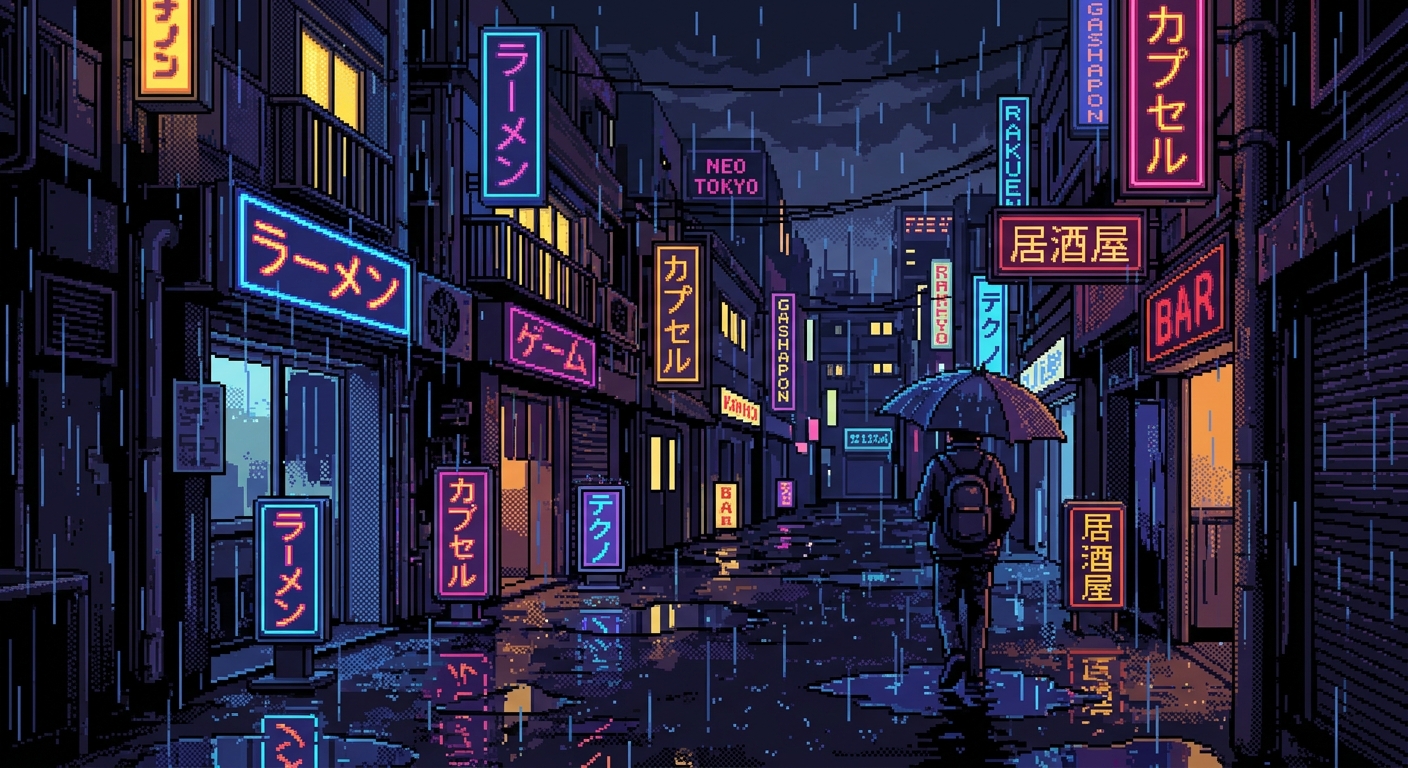 Cyberpunk Rain Street: 8-bit pixel art, a narrow Tokyo street at night during a heavy downpour, glowing neon signs reflecting in puddles, a lone person holding an umbrella, limited retro color palette, dithering shading effects