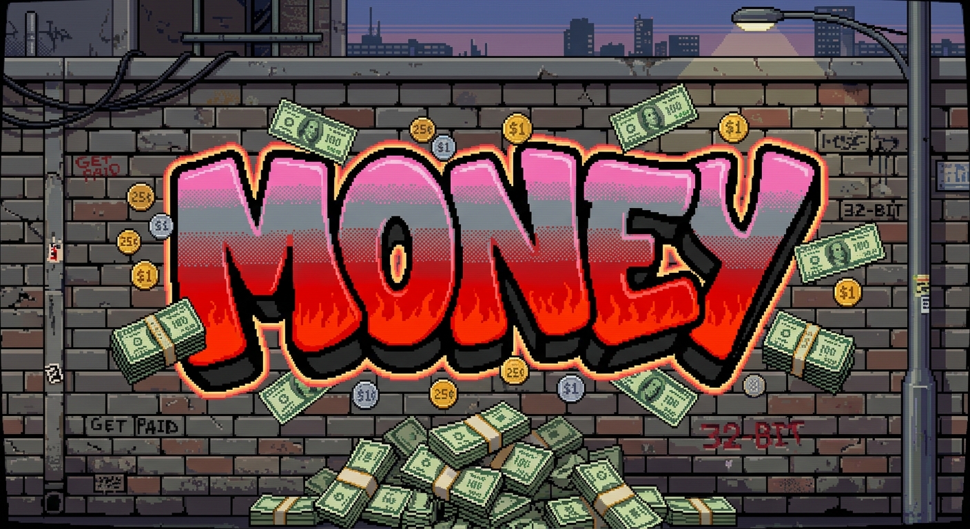 Graffiti art of the word 'Money' done in 32 bit sega genesis pixel art with notes and coins dotted around and wads of cash at the bottom. Pink and grey writing that fades to red with chunky bubble style text font.