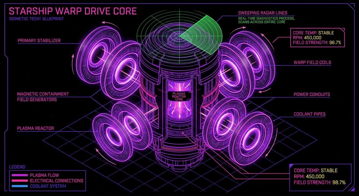 An isometric technical schematic blueprint of a futuristic starship warp drive core. Floating concentric rings spinning around a central plasma reactor chamber, sweeping scanning radar lines moving down the device. Minimalist pitch-black background with hyper-saturated neon violet and hot pink wireframe lines. 64-bit arcade style, clean UI design, architectural drawing layout.